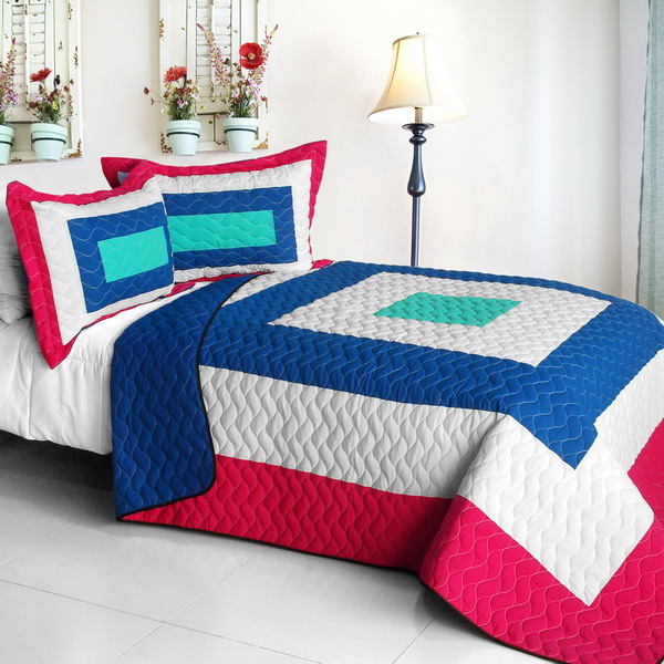 Picture of  ONITIVA-QTS01196-23 Universes Passion - Vermicelli-Quilted Patchwork Geometric Quilt Set  Full &amp; Queen Size - Blue