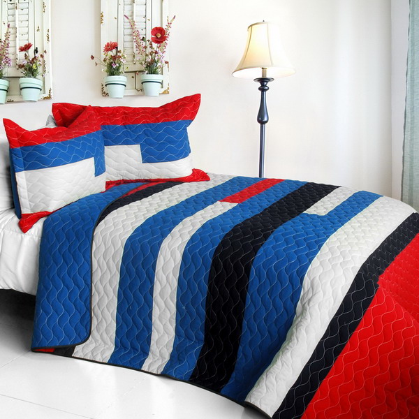 Picture of  ONITIVA-QTS01218-23 Sea Airs - Vermicelli-Quilted Patchwork Striped Quilt Set  Full &amp; Queen Size - Blue