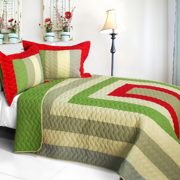 My Backyard - Vermicelli-Quilted Patchwork Geometric Quilt Set  Full & Queen Size - Green