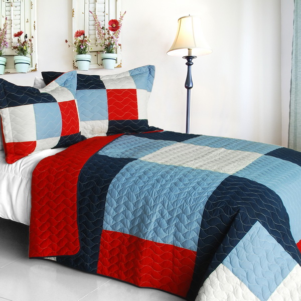 Banneret - 3 Pieces Vermicelli-Quilted Patchwork Quilt Set  Full & Queen Size - Blue