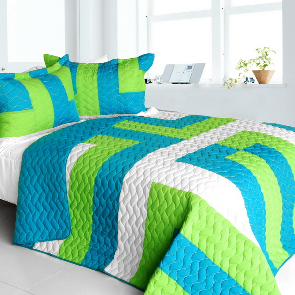 Sofia Jannok - Vermicelli-Quilted Patchwork Geometric Quilt Set  Full & Queen Size - Green