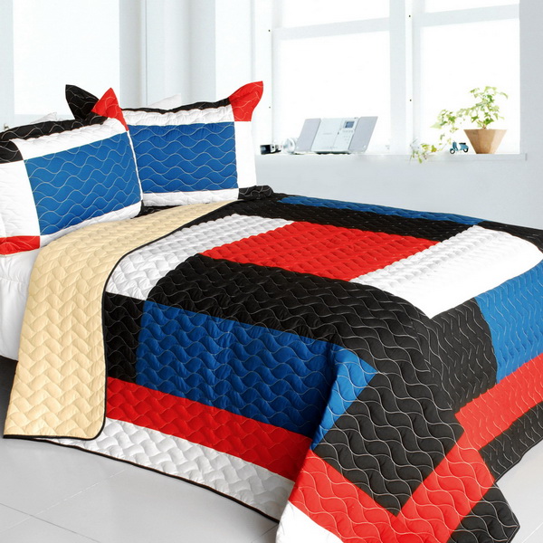 Water Ballet - 3 Pieces Vermicelli - Quilted Patchwork Quilt Set  Full & Queen Size - Blue