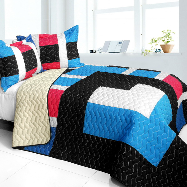 Pondweed - 3 Pieces Vermicelli - Quilted Patchwork Quilt Set  Full & Queen Size - Blue