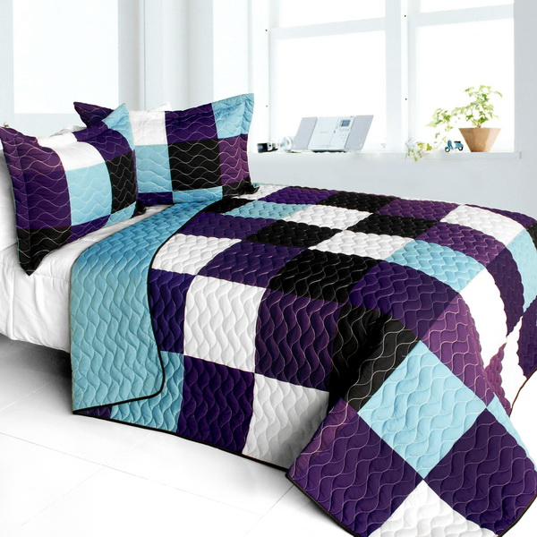 ONITIVA-QTS01440-23 Voilet Diamonds - 3 Pieces Vermicelli - Quilted Patchwork Quilt Set  Full & Queen Size - Multicolor