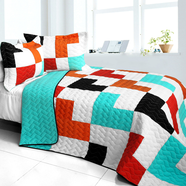 Shadow In the Water - 3 Pieces Vermicelli - Quilted Patchwork Quilt Set  Full & Queen Size - Blue