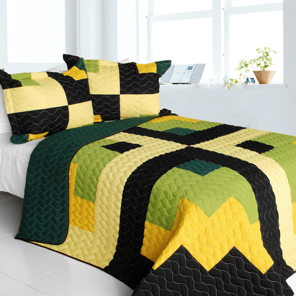Lucky Break - 3 Pieces Vermicelli-Quilted Patchwork Quilt Set  Full & Queen Size - Multicolor