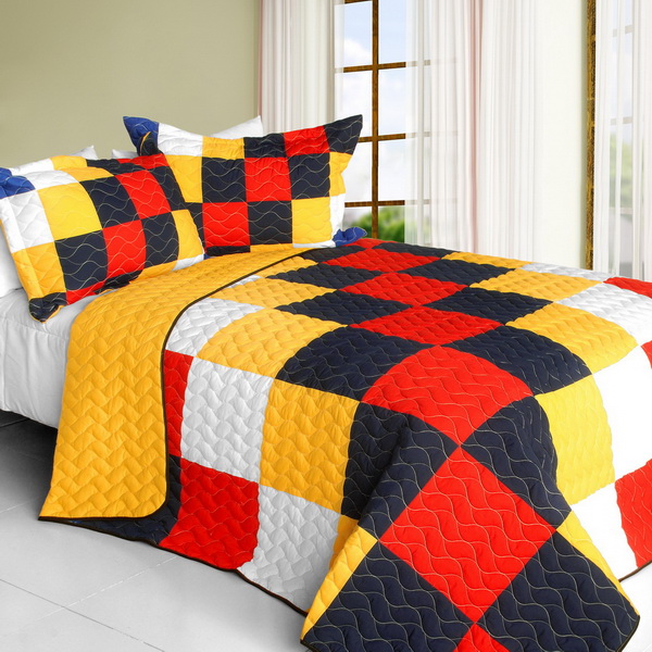That Galantis - Vermicelli-Quilted Patchwork Geometric Quilt Set  Full & Queen  Red