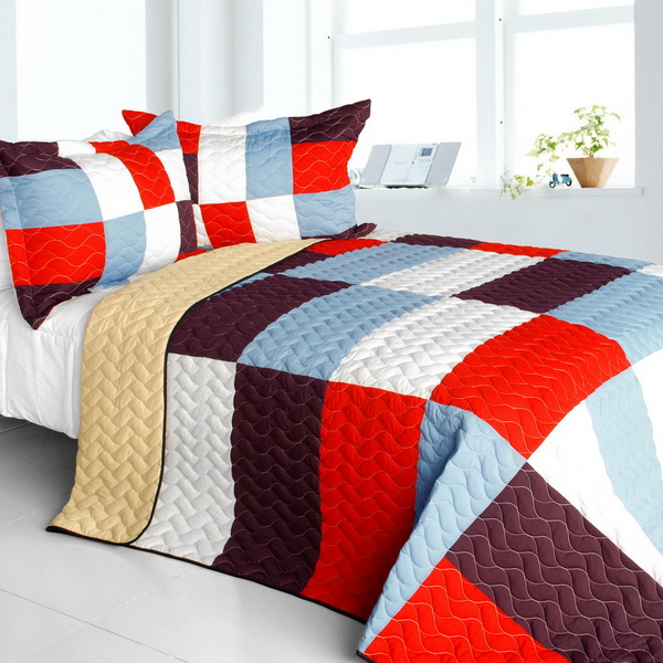 Star Swings - Vermicelli-Quilted Patchwork Geometric Quilt Set  Full & Queen  Red