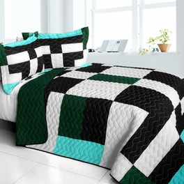 Pearl Turquoise - 3 Pieces Vermicelli - Quilted Patchwork Quilt Set  Full & Queen Size - Multicolor