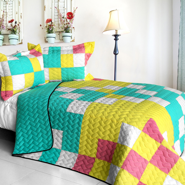 Unforgettable Start - 3 Pieces Vermicelli - Quilted Patchwork Quilt Set  Full & Queen Size - Blue