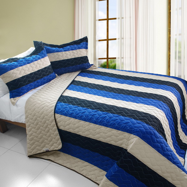 Sea Waves - 3 Pieces Vermicelli-Quilted Patchwork Quilt Set  Full & Queen Size - Blue