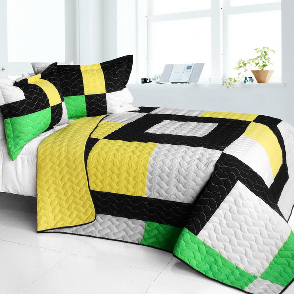 Life Force - Vermicelli-Quilted Patchwork Quilt Set  Full & Queen Size - Green