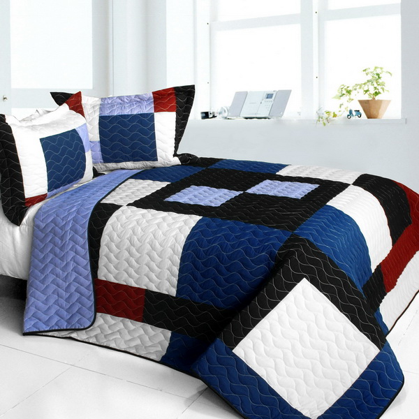 Your Imagine - Vermicelli-Quilted Patchwork Quilt Set  Full & Queen Size - Blue