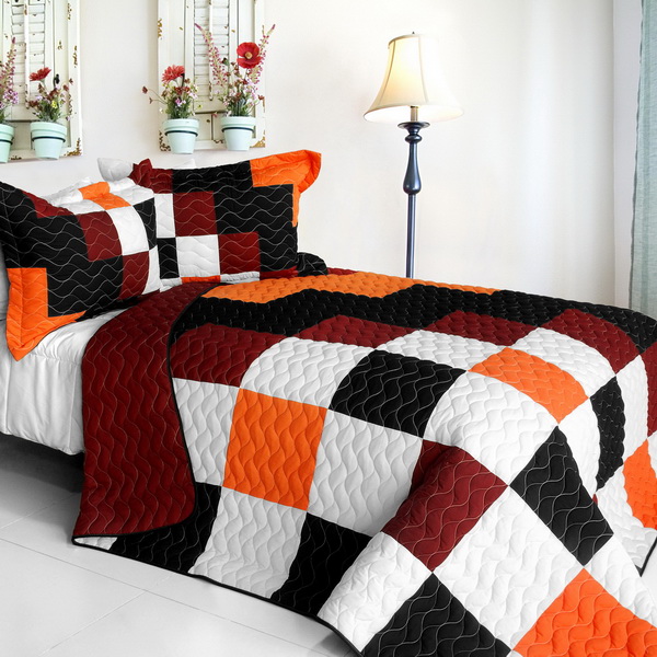 Plaid - Vermicelli-Quilted Patchwork Quilt Set  Full & Queen Size - Black