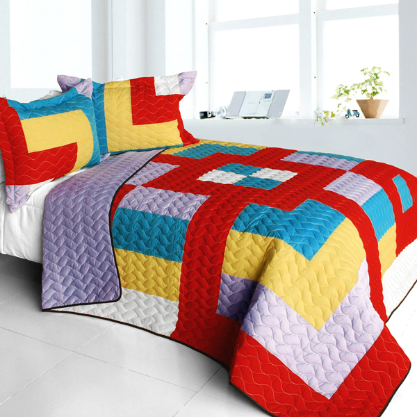 Second Space - 3 Pieces Vermicelli - Quilted Patchwork Quilt Set  Full & Queen Size - Purple