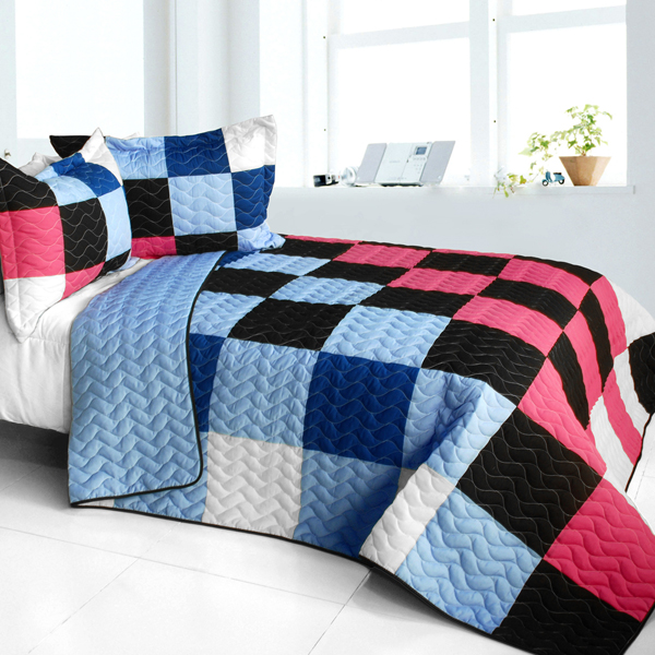 Ice Fire - 3 Pieces Vermicelli - Quilted Patchwork Quilt Set  Full & Queen Size - Blue