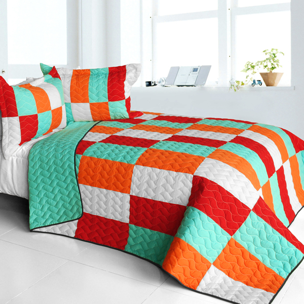 Kaleidoscope - 3 Pieces Vermicelli - Quilted Patchwork Quilt Set  Full & Queen Size - Orange