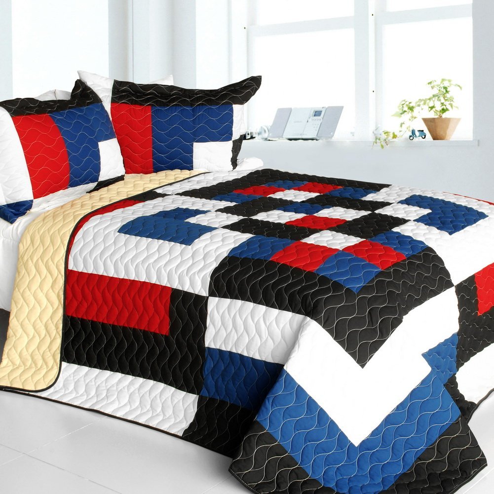 Once - 3 Pieces Vermicelli - Quilted Patchwork Quilt Set  Full & Queen Size - Blue