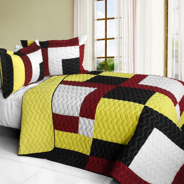 Dawn & Sunset - Vermicelli-Quilted Patchwork Quilt Set  Full & Queen Size - Yellow