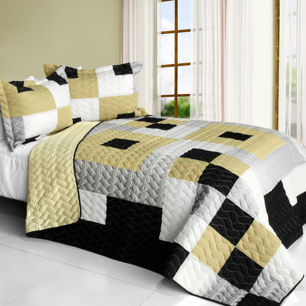 Bees Garden - Vermicelli-Quilted Patchwork Quilt Set  Full & Queen Size - Yellow