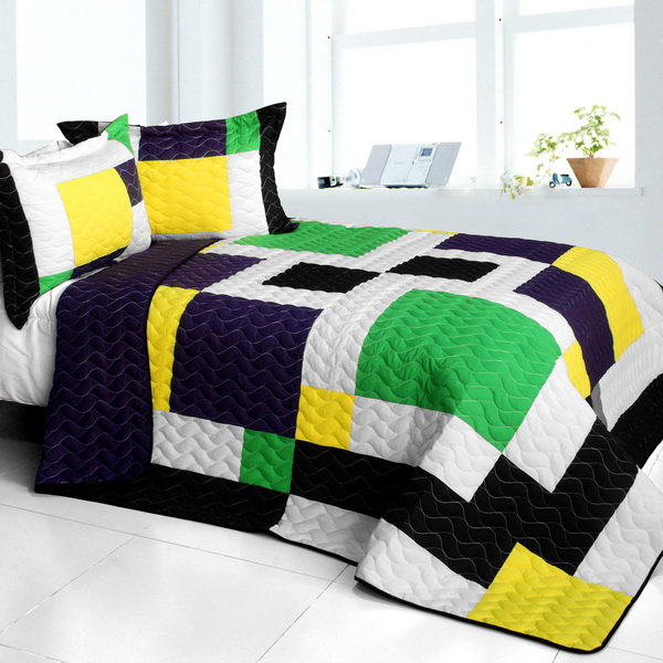Football Field - 3 Pieces Vermicelli - Quilted Patchwork Quilt Set  Full & Queen Size - Multicolor