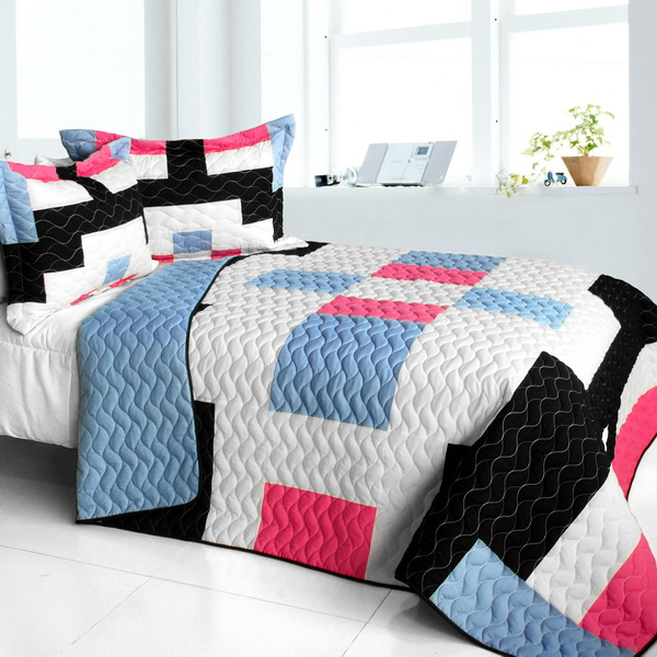 ONITIVA-QTS01421-23 Wonderful Date Day - 3 Pieces Vermicelli - Quilted Patchwork Quilt Set  Full & Queen Size - Multicolor