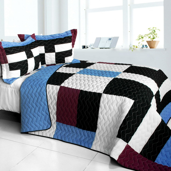 Lazy Weekend Time - 3 Pieces Vermicelli - Quilted Patchwork Quilt Set  Full & Queen Size - Multicolor