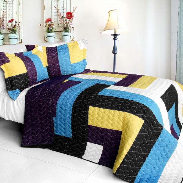 Colors Quartet - 3 Pieces Vermicelli - Quilted Patchwork Quilt Set  Full & Queen Size - Multicolor