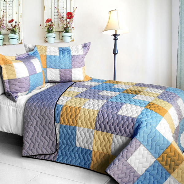 Romantic Macaron - 3 Pieces Vermicelli - Quilted Patchwork Quilt Set  Full & Queen Size - Purple