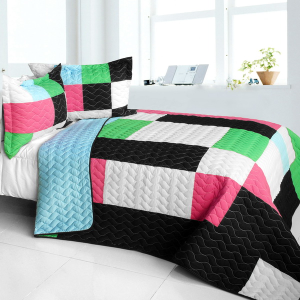 Throb of Encounters - 3 Pieces Vermicelli - Quilted Patchwork Quilt Set  Full & Queen Size - Multicolor