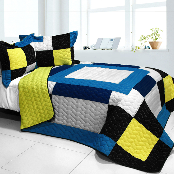 Our Little World - 3 Pieces Vermicelli - Quilted Patchwork Quilt Set  Full & Queen Size - Yellow