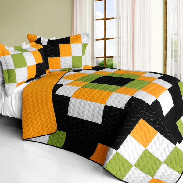 Ray of Light - 3 Pieces Vermicelli - Quilted Patchwork Quilt Set  Full & Queen Size - Green