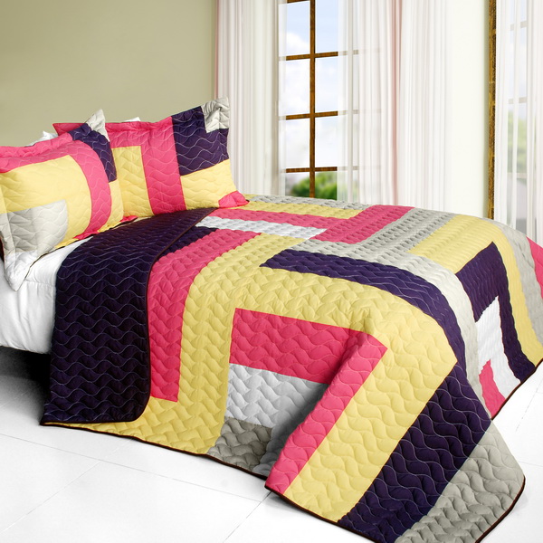ONITIVA-QTS01455-23 Bright Spring Day - 3 Pieces Vermicelli - Quilted Patchwork Quilt Set  Full & Queen Size - Multicolor