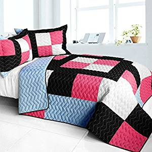 Modern Pink - 3 Pieces Vermicelli - Quilted Patchwork Quilt Set  Full & Queen Size - Pink