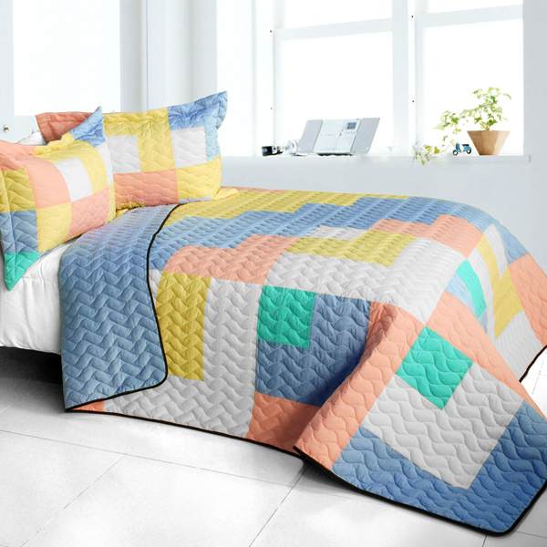 Macaron Relish - 3 Pieces Vermicelli - Quilted Patchwork Quilt Set  Full & Queen Size - Blue