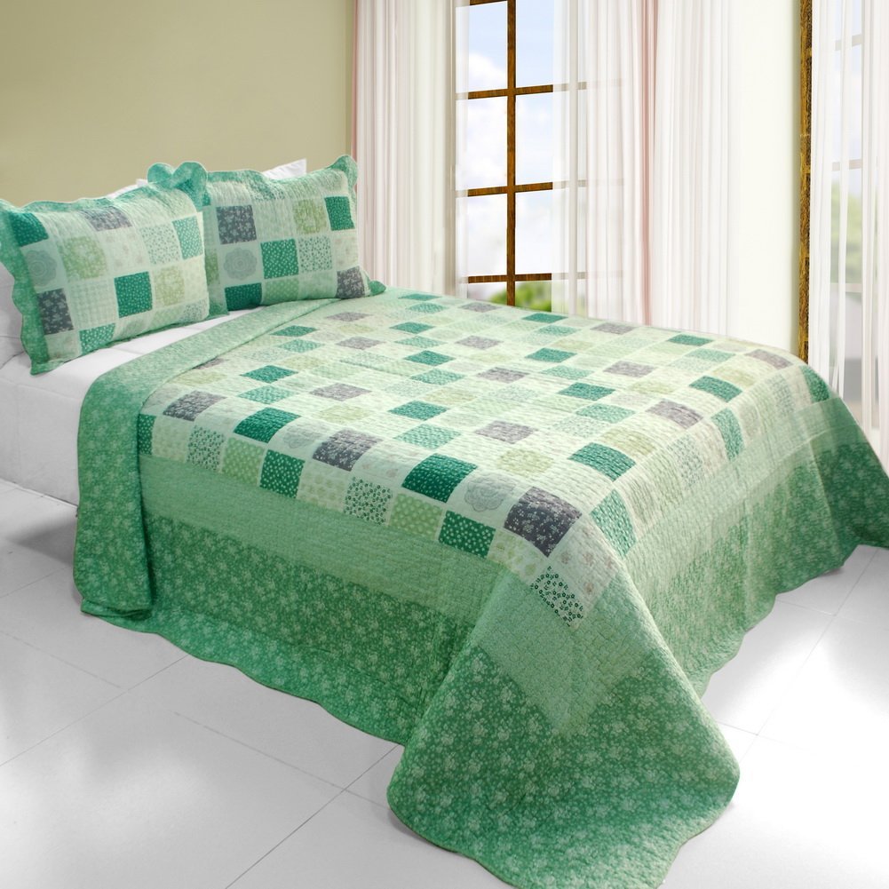 Green Fields Cotton 3 Pieces Vermicelli-Quilted Printed Quilt Set  Full & Queen Size - Multicolor
