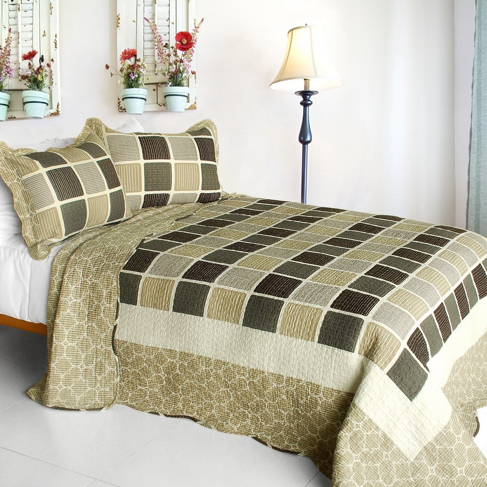 QTS-WBMZR092-2-23 Pandora Hearts - 3 Pieces Cotton Contained Vermicelli-Quilted Patchwork Quilt Set  Full & Queen Size - Gray