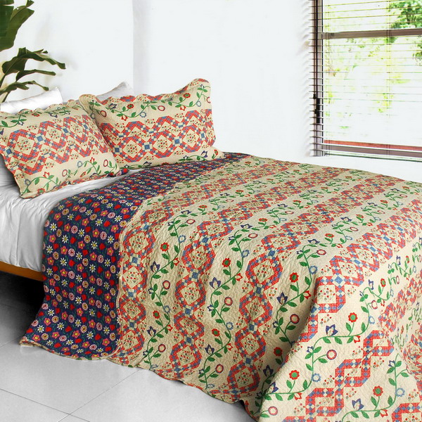 Glitter - 3 Pieces Cotton Contained Vermicelli-Quilted Patchwork Quilt Set Full & Queen Size - Red