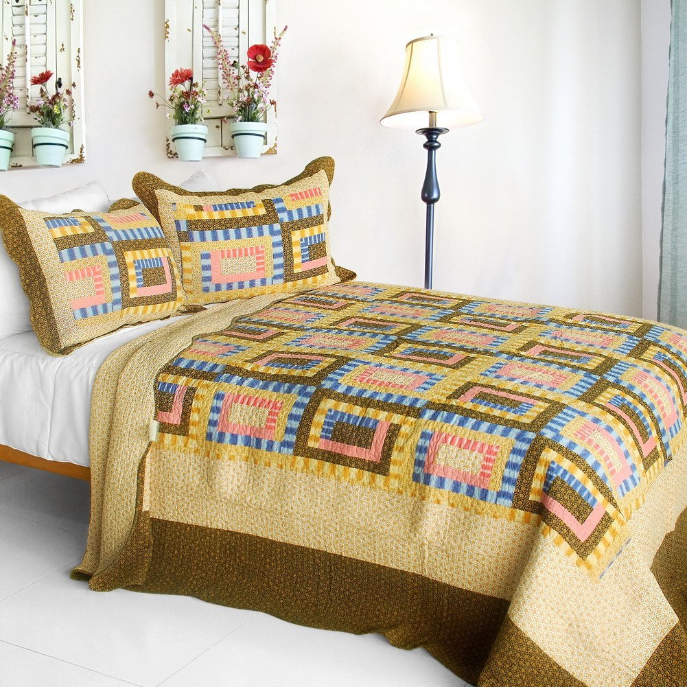 Dream High - 3 Pieces Cotton Contained Vermicelli-Quilted Patchwork Quilt Set Full & Queen Size - Yellow