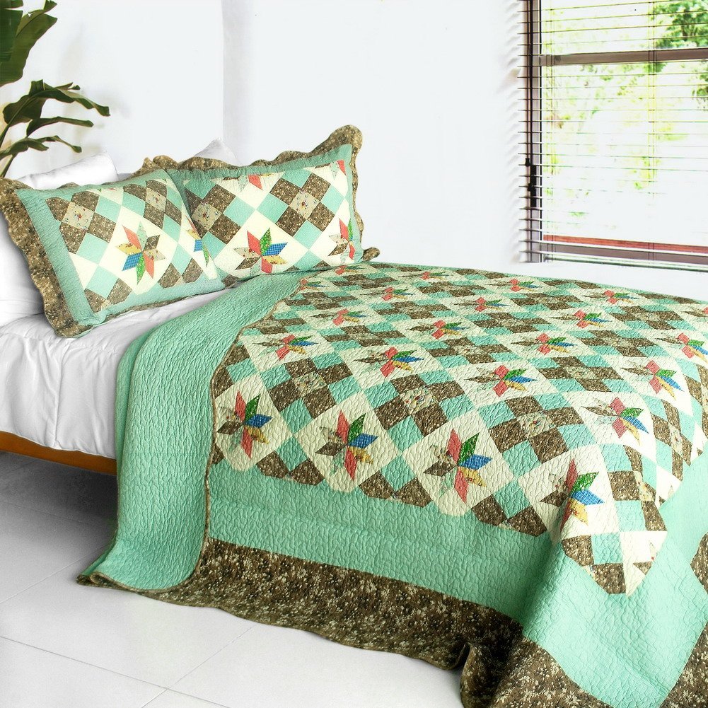 Deep in My Heart - 3 Pieces Cotton Contained Vermicelli-Quilted Patchwork Quilt Set  Full & Queen Size - Green