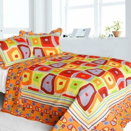 Sparks Fly - Cotton 3 Pieces Vermicelli-Quilted Striped Printed Quilt Set Full & Queen Size - Orange
