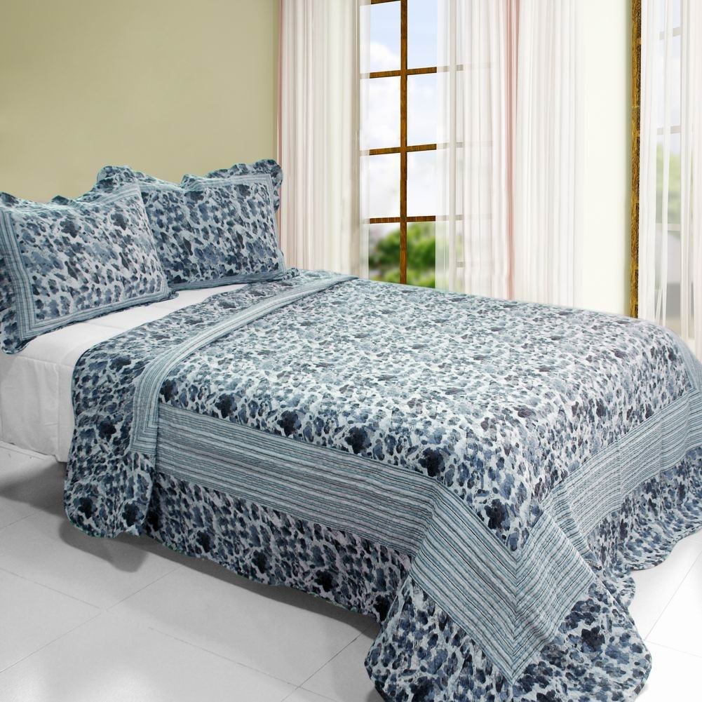 Blue Impression - 3 Pieces Cotton Vermicelli-Quilted Printed Quilt Set  Full & Queen Size - Multicolor