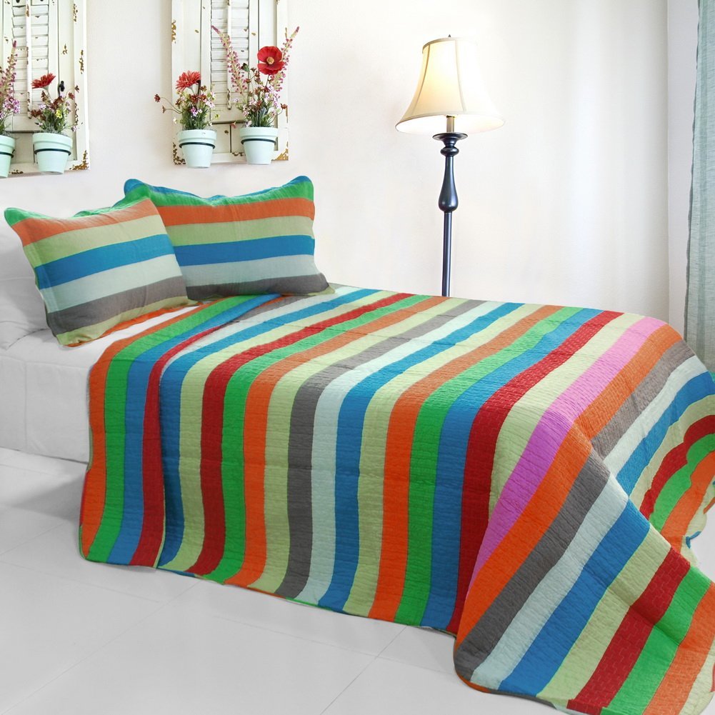 Rainbow River - 3 Pieces Cotton Vermicelli-Quilted Printed Quilt Set  Full & Queen Size - Multicolor