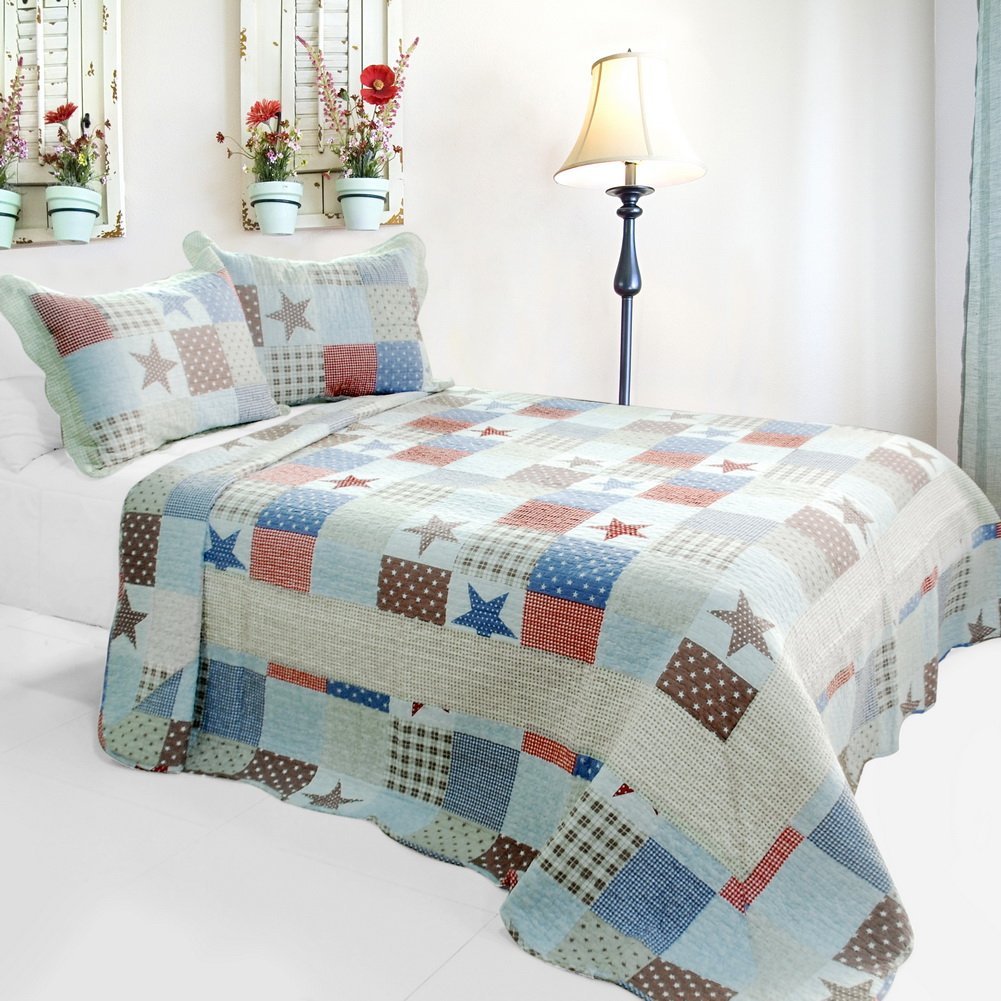 Wave Point of Stars - 3 Pieces Cotton Vermicelli-Quilted Printed Quilt Set  Full & Queen Size - Multicolor