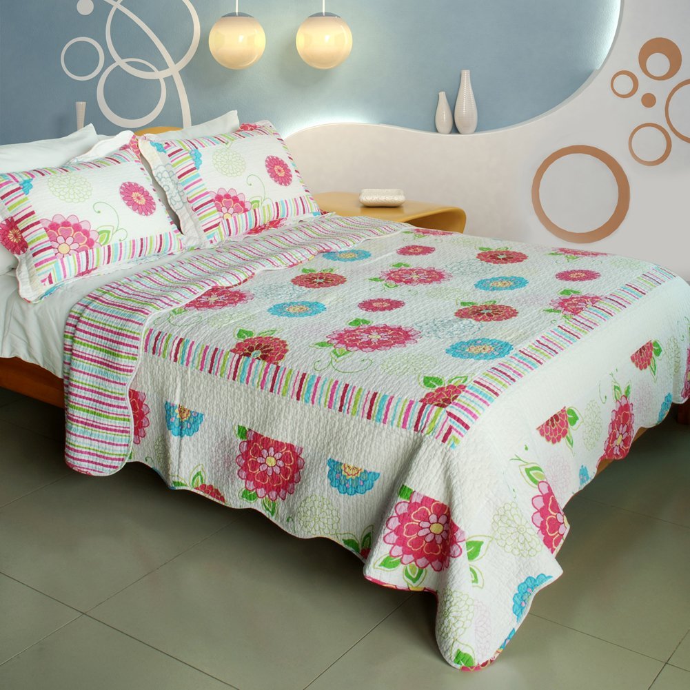Pink Fairy Tale - 100 Percent Cotton  3 Pieces Vermicelli-Quilted Patchwork Quilt Set  Full & Queen Size - Pink