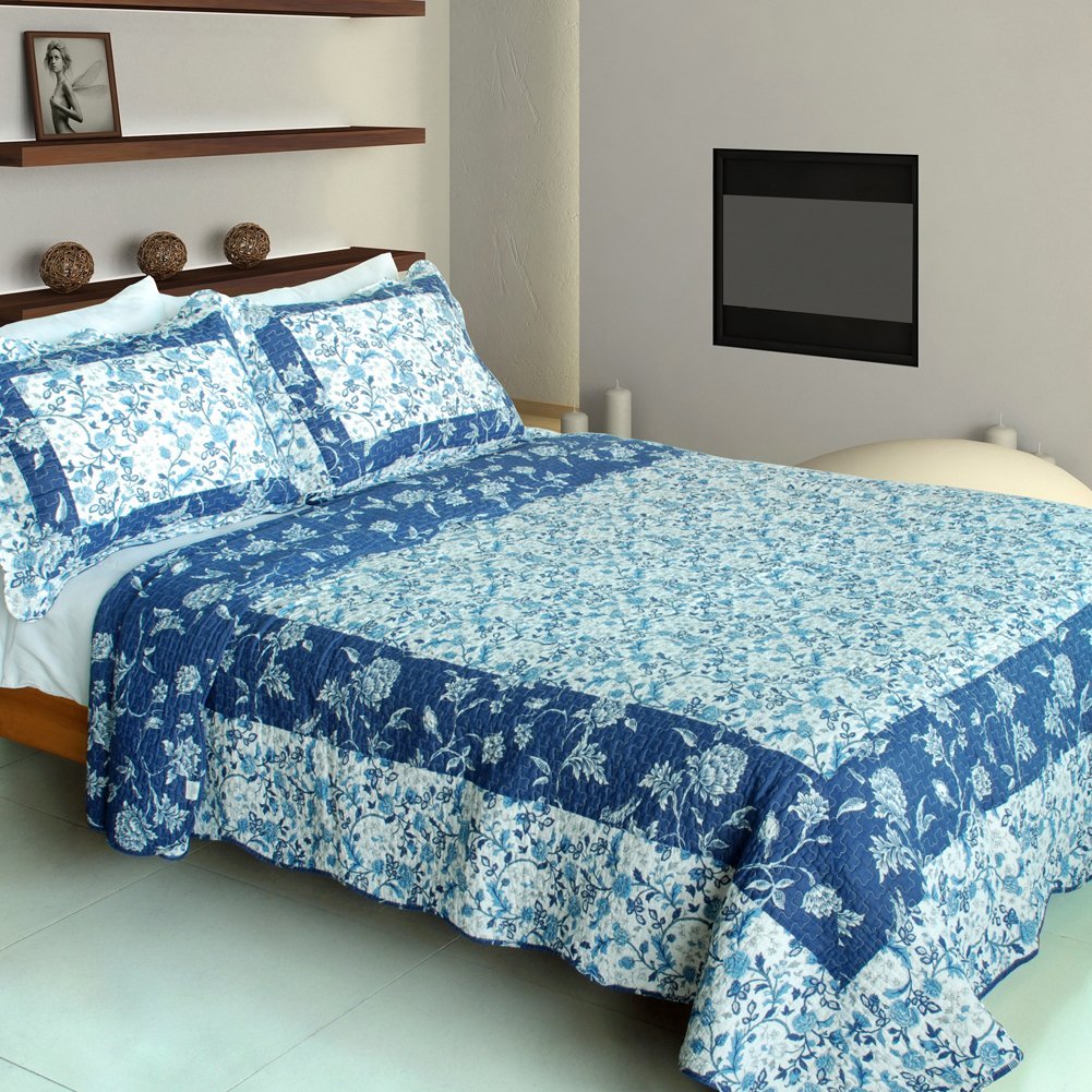 WB8105-23 Blue River - 100 Percent Cotton  3 Pieces Vermicelli-Quilted Patchwork Quilt Set  Full & Queen Size - Blue