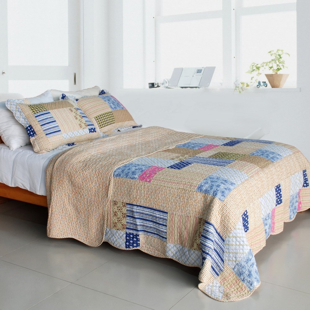 Classic Plaids - Cotton 3 Pieces Vermicelli-Quilted Patchwork Quilt Set  Full & Queen Size - Khaki -  FurnOrama, FU658573