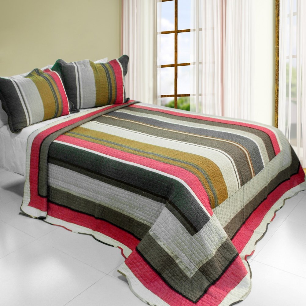 Multicolor Stripe - Cotton 3 Pieces Vermicelli-Quilted Printed Quilt Set  Full & Queen Size - Multicolor
