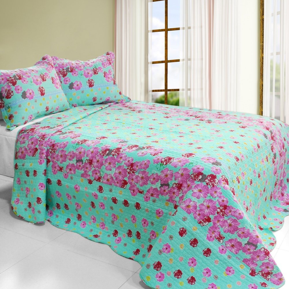 Flora River - 3 Pieces Cotton Vermicelli-Quilted Printed Quilt Set  Full & Queen Size - Multicolor