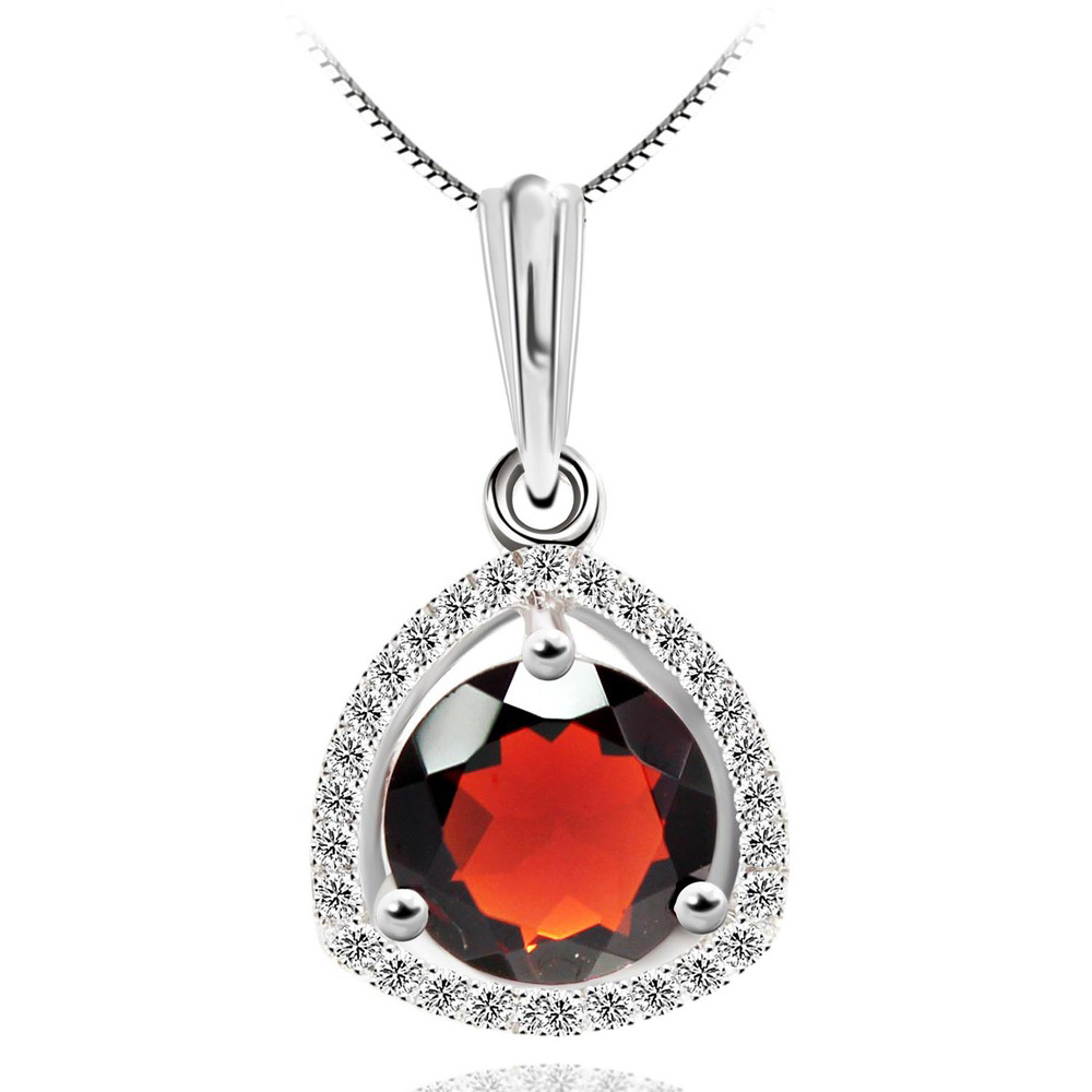 MDS170225 2.66 CTW Round Red Garnet Halo Solitaire with Accents Pendant Necklace in .925 Sterling Silver -  Majesty Diamonds